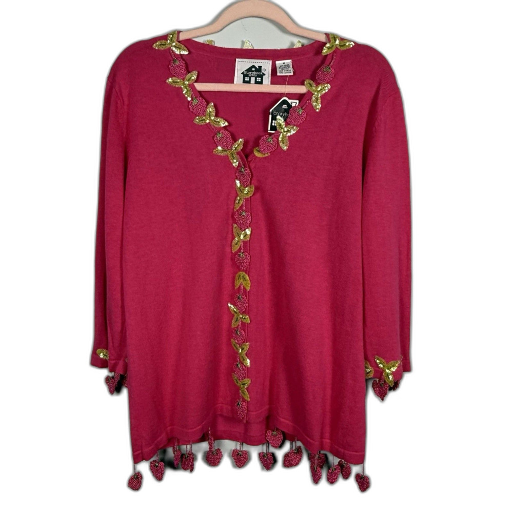 Storybook Knits Strawberry Fest Cardigan Sweater Pink Crochet Strawberry Vintage